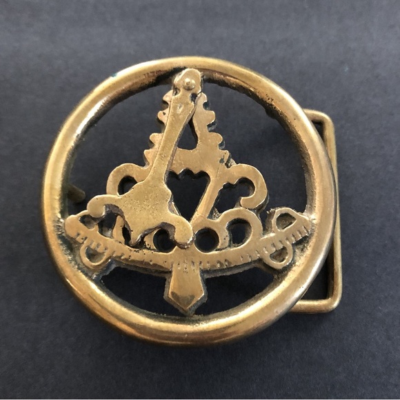 Vintage 1970s Nautical Belt Buckle Solid Brass Ships Maritime Navy Pendulum - Picture 2 of 5